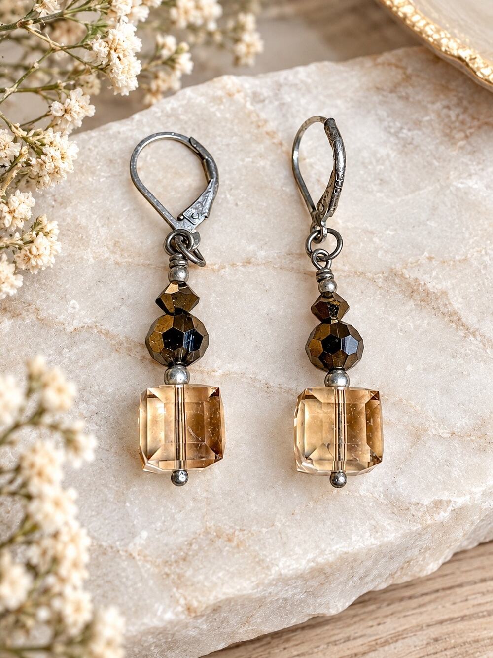 Sterling Silver 925 Crystal/Glass Cube Beaded Dangle Leverback Earrings